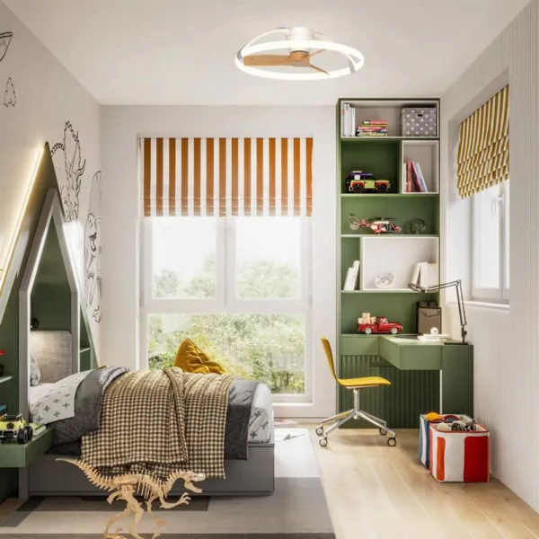 Ventilador de techo Nepal, disponible en versiones de 105 cm y 75 cm, con motor DC ultra silencioso, luz LED regulable en intensidad y temperatura de color, y control inteligente mediante mando a distancia, app móvil y asistentes de voz. Diseño moderno y eficiente para estancias de 13 a 20 m².