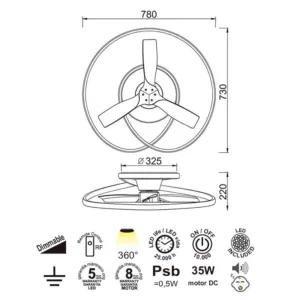Ventilador de techo LED Ocean con aspas de madera acrílica, motor DC silencioso y luz regulable