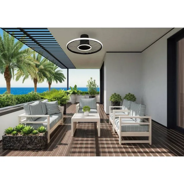 Ventilador de techo Soho con luz LED regulable, motor silencioso y control remoto. Disponible en blanco, negro y haya.