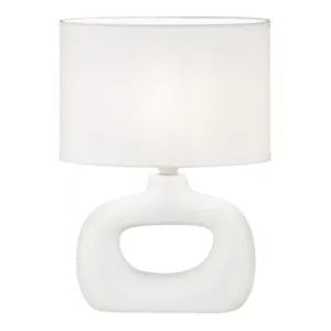 Lámpara de sobremesa Dalton con base de cerámica en tonos vainilla, terracota o blanco y pantalla textil blanca.