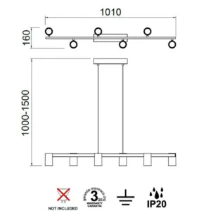 Lámpara de techo colgante SAL de 6 focos orientables con altura regulable, acabados blanco mate, negro mate o negro con oro