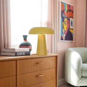 Lámpara de sobremesa retro IDEA – Metálica, 2 x E14, colores (amarillo, terracota, verde o arena) 2 Sobremesa retro IDEA metálica con dos casquillos E14 y pantalla cóncava, colores pastel