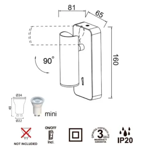 Aplique de lectura NOTTE con interruptor – GU10 mini (blanco, negro, níquel satinado o cuero) 4 Aplique de lectura NOTTE con interruptor en la base y casquillo GU10 para bombilla mini, disponible en varios acabados