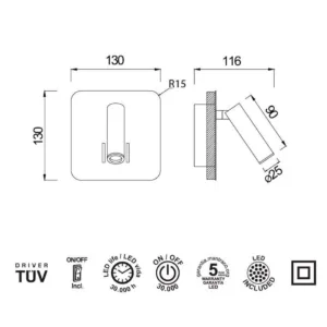 Aplique CAIMAN cuadrado para cabecero con luz retroiluminada y foco lector, dos interruptores, LED 3000K