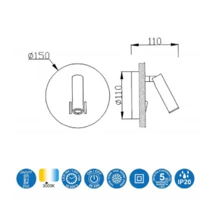 Aplique CAIMAN redondo para cabecero con luz retroiluminada y lector, dos interruptores, LED 3000K