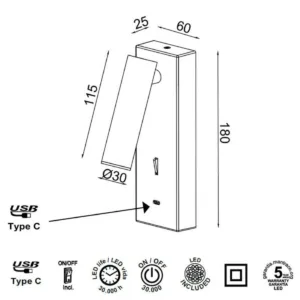 Aplique de lectura TARIFA III para cabecero con USB tipo C, LED 3W 3000K e interruptor en la base