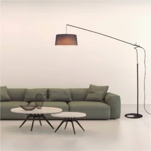 Lámpara de pie RUTI negra mate con brazo articulado, contrapeso deslizante y pantalla crema o gris, con bombilla E27 incluida