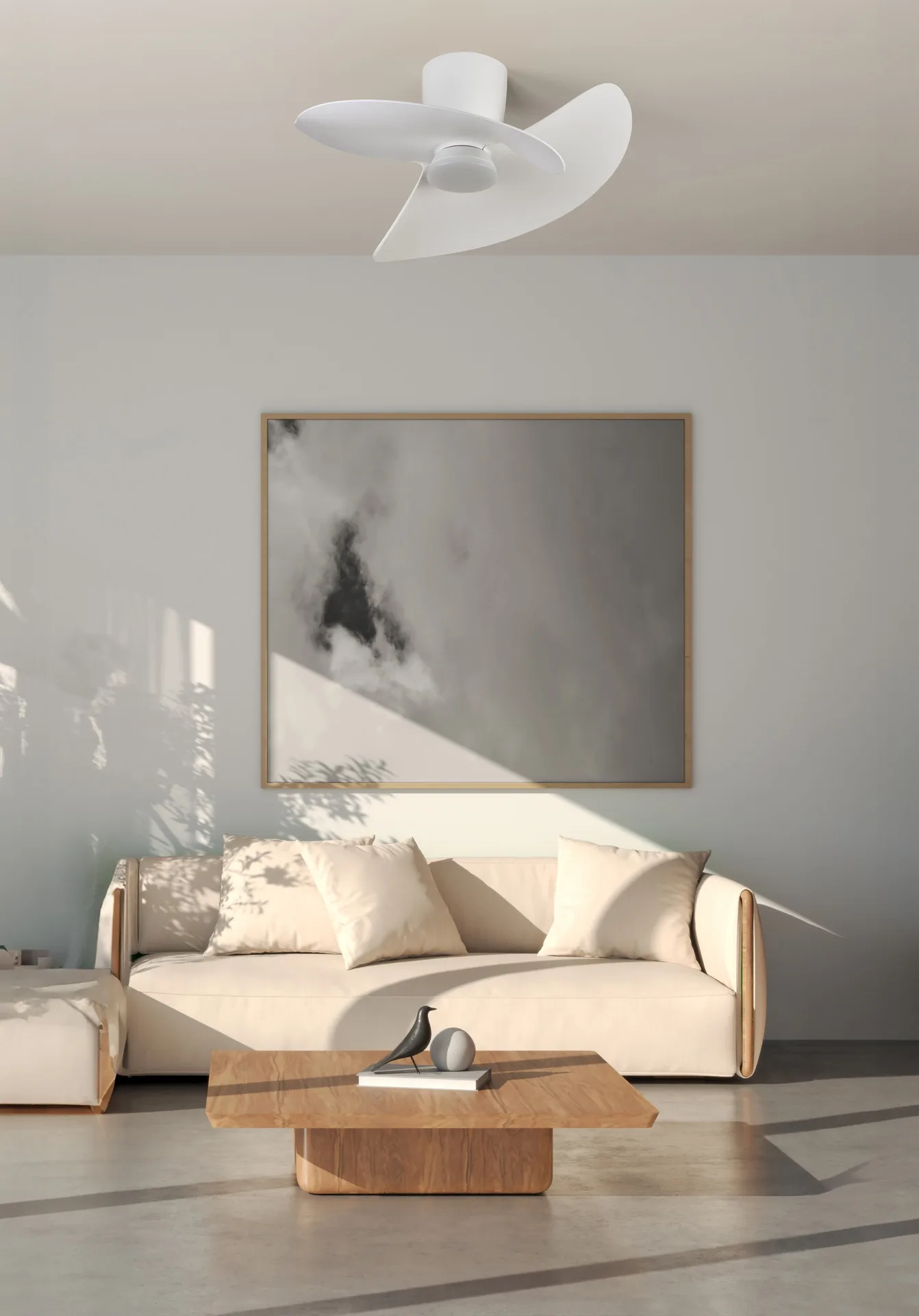 Ventilador de techo ONA – LED regulable y diseño orgánico Ventilador ONA con aspas curvas orgánicas y luz LED regulable 3000–5000K, mando LCD