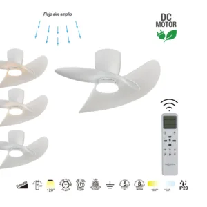 Ventilador de techo ONA – Diseño orgánico, LED regulable 3000–5000K y mando LCD (blanco, blanco-madera o negro-madera) 5 Ventilador ONA con aspas curvas orgánicas y luz LED regulable 3000–5000K, mando LCD