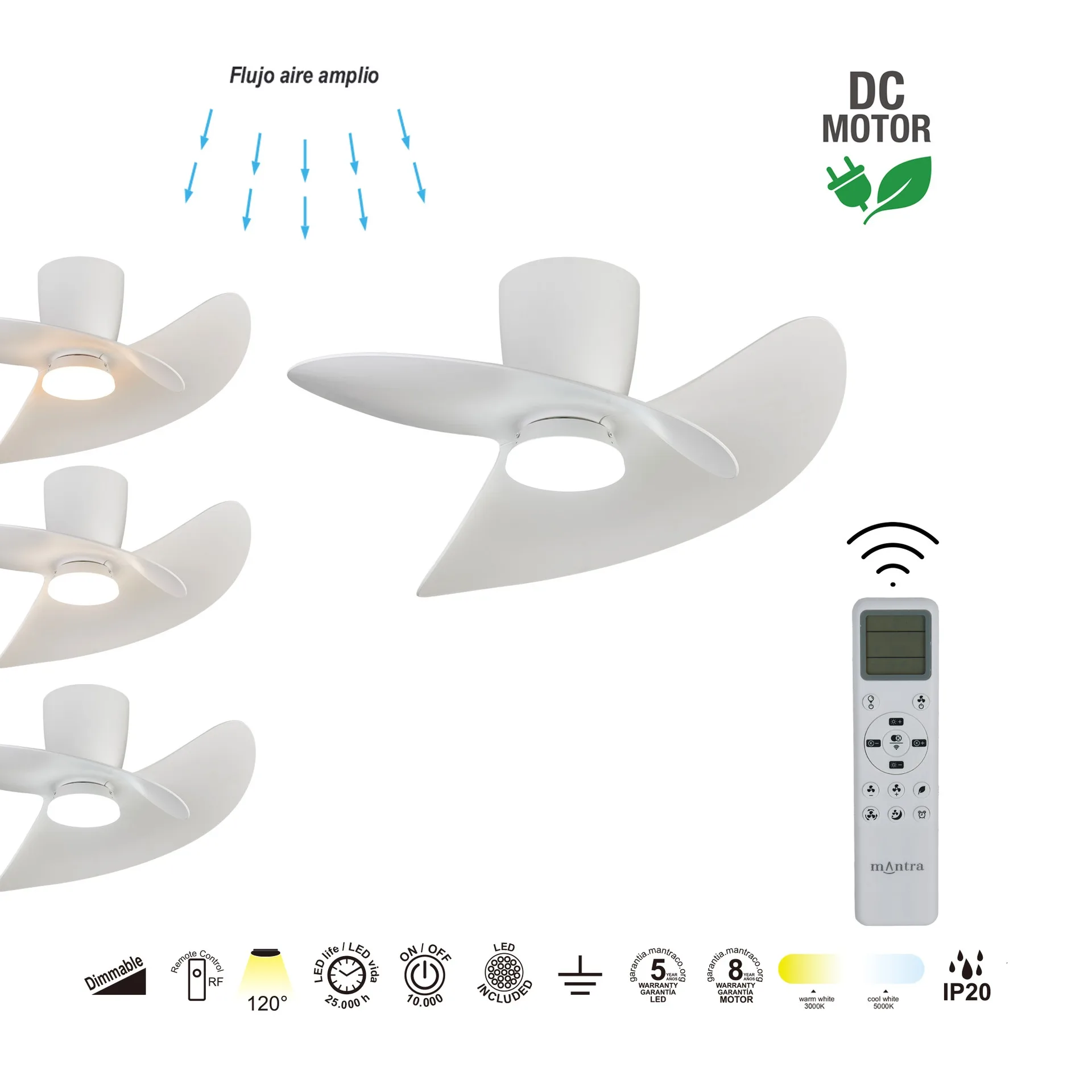 Ventilador de techo ONA – LED regulable y diseño orgánico Ventilador ONA con aspas curvas orgánicas y luz LED regulable 3000–5000K, mando LCD
