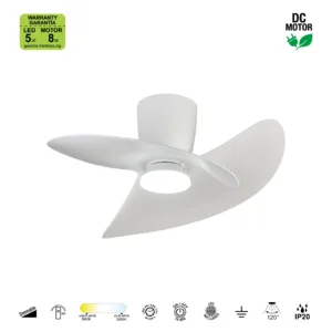 Ventilador de techo ONA – Diseño orgánico, LED regulable 3000–5000K y mando LCD (blanco, blanco-madera o negro-madera) 6 Ventilador ONA con aspas curvas orgánicas y luz LED regulable 3000–5000K, mando LCD