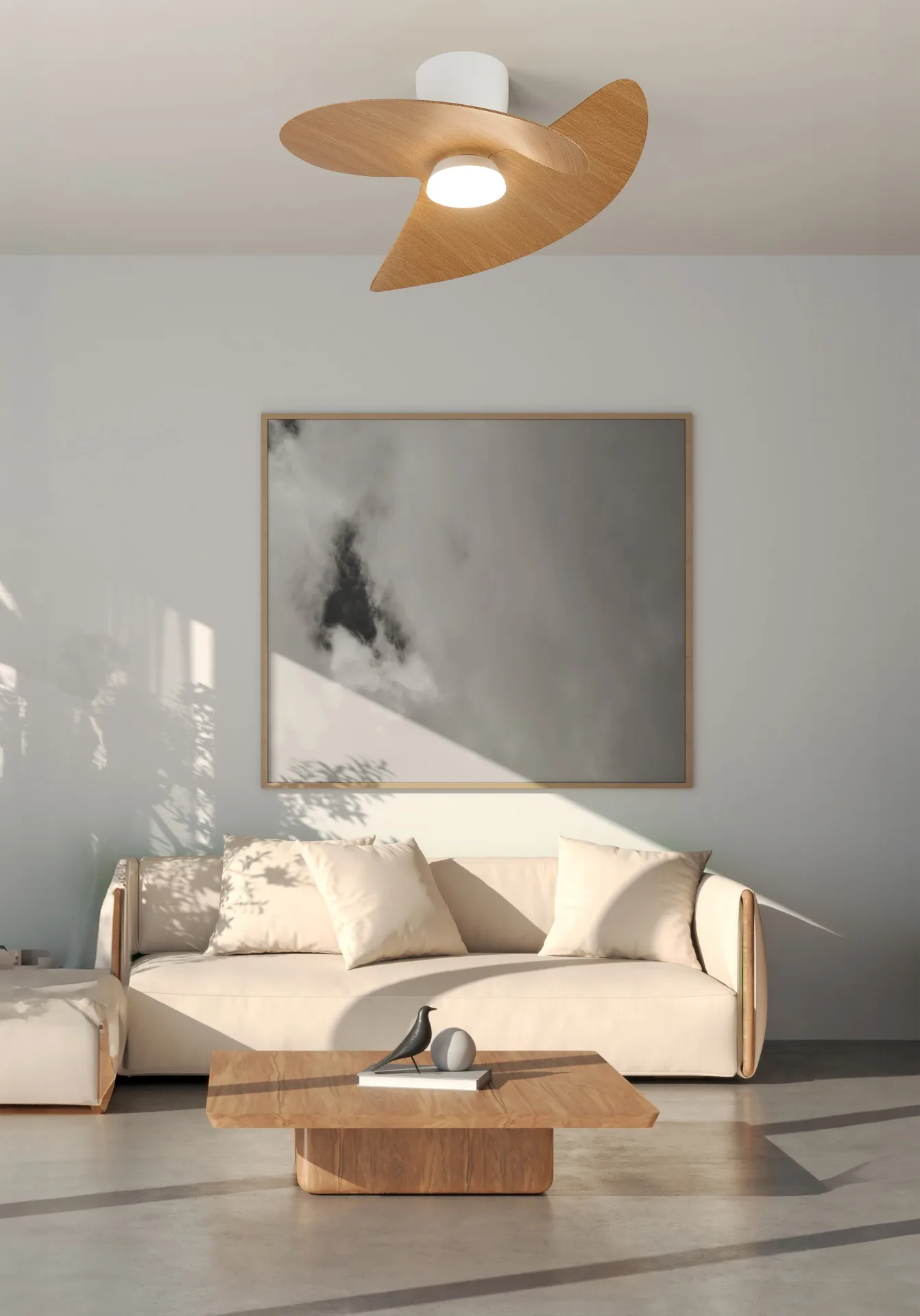 Ventilador de techo ONA – LED regulable y diseño orgánico Ventilador ONA con aspas curvas orgánicas y luz LED regulable 3000–5000K, mando LCD