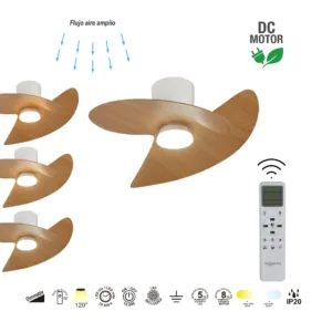 Ventilador de techo ONA – Diseño orgánico, LED regulable 3000–5000K y mando LCD (blanco, blanco-madera o negro-madera) 11 Ventilador ONA con aspas curvas orgánicas y luz LED regulable 3000–5000K, mando LCD