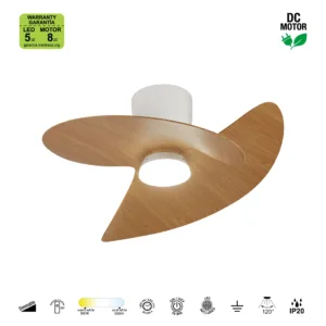 Ventilador de techo ONA – Diseño orgánico, LED regulable 3000–5000K y mando LCD (blanco, blanco-madera o negro-madera) 12 Ventilador ONA con aspas curvas orgánicas y luz LED regulable 3000–5000K, mando LCD