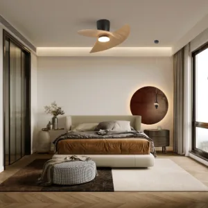 Ventilador de techo ONA – Diseño orgánico, LED regulable 3000–5000K y mando LCD (blanco, blanco-madera o negro-madera) 13 Ventilador ONA con aspas curvas orgánicas y luz LED regulable 3000–5000K, mando LCD