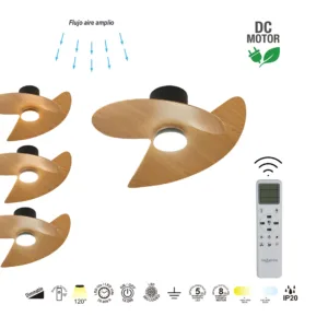 Ventilador de techo ONA – Diseño orgánico, LED regulable 3000–5000K y mando LCD (blanco, blanco-madera o negro-madera) 14 Ventilador ONA con aspas curvas orgánicas y luz LED regulable 3000–5000K, mando LCD