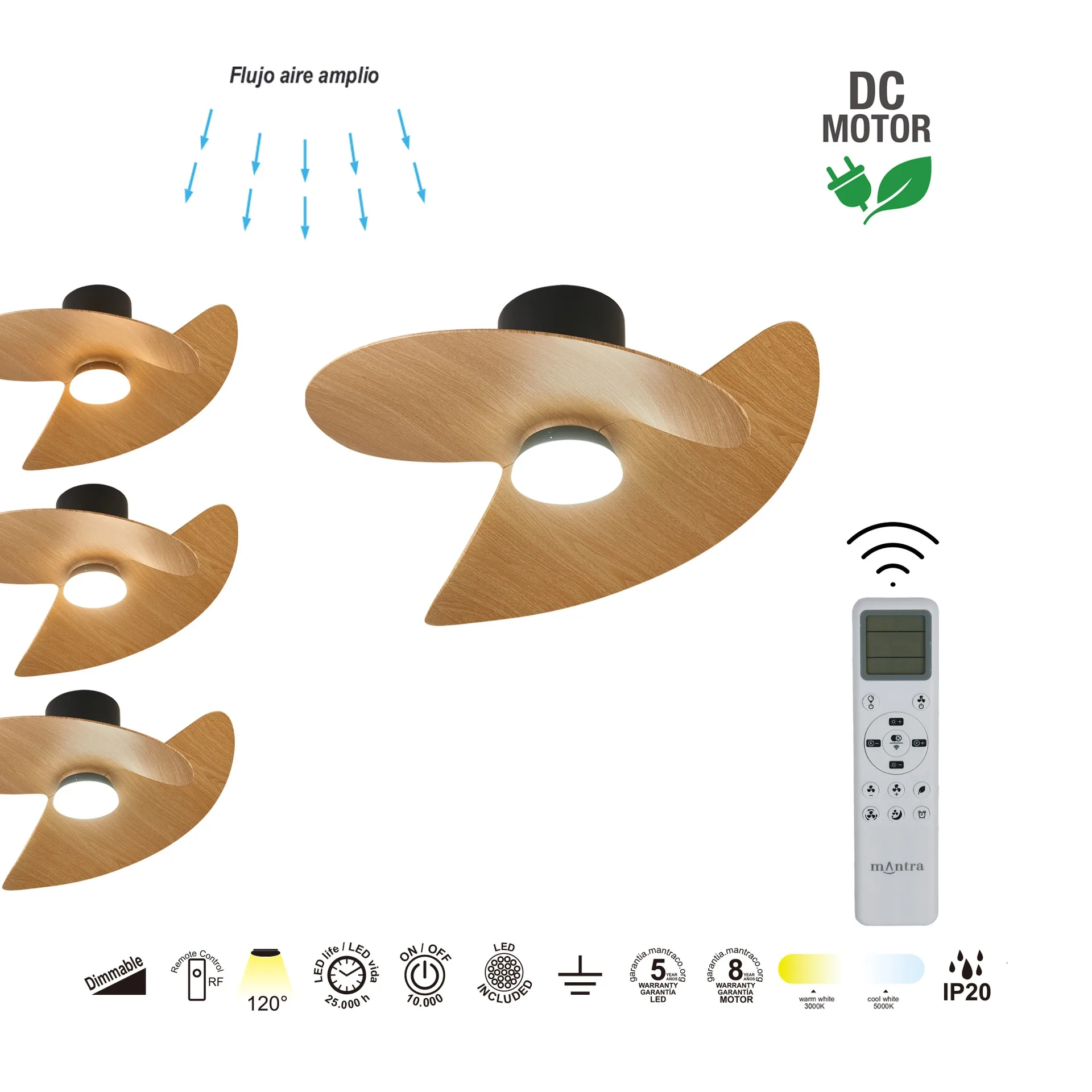 Ventilador de techo ONA – LED regulable y diseño orgánico Ventilador ONA con aspas curvas orgánicas y luz LED regulable 3000–5000K, mando LCD
