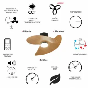 Ventilador de techo ONA – Diseño orgánico, LED regulable 3000–5000K y mando LCD (blanco, blanco-madera o negro-madera) 15 Ventilador ONA con aspas curvas orgánicas y luz LED regulable 3000–5000K, mando LCD