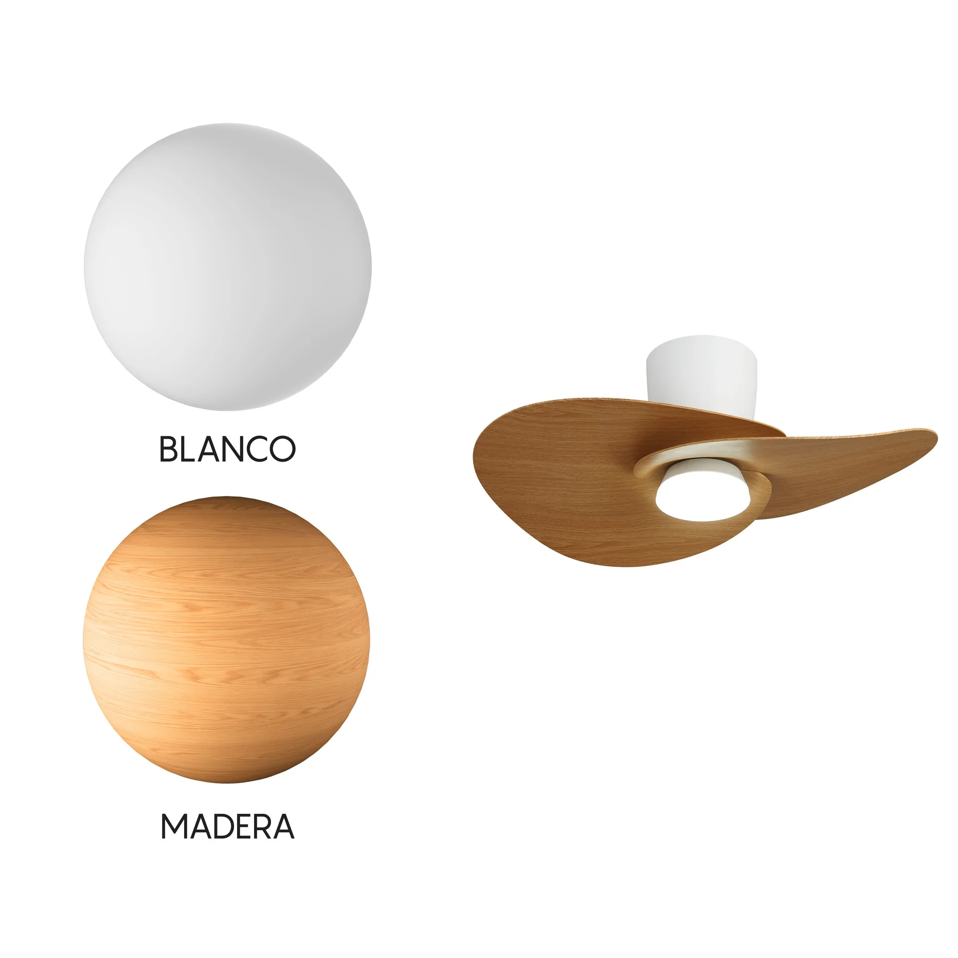 Ventilador de techo ONA – LED regulable y diseño orgánico Ventilador ONA con aspas curvas orgánicas y luz LED regulable 3000–5000K, mando LCD