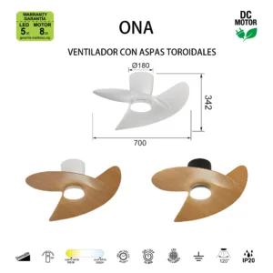 Ventilador de techo ONA – Diseño orgánico, LED regulable 3000–5000K y mando LCD (blanco, blanco-madera o negro-madera) 16 Ventilador ONA con aspas curvas orgánicas y luz LED regulable 3000–5000K, mando LCD