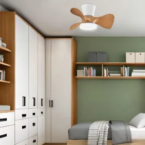 Ventilador de techo SIUX blanco-madera con 3 aspas tipo hélice, luz LED regulable y 6 velocidades